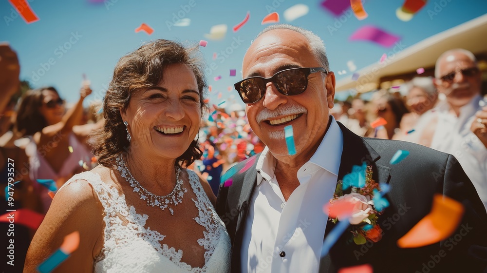Radiant Senior Couple Celebrates Wedding with Joy and Laughter Under a Shower of Colorful Confetti