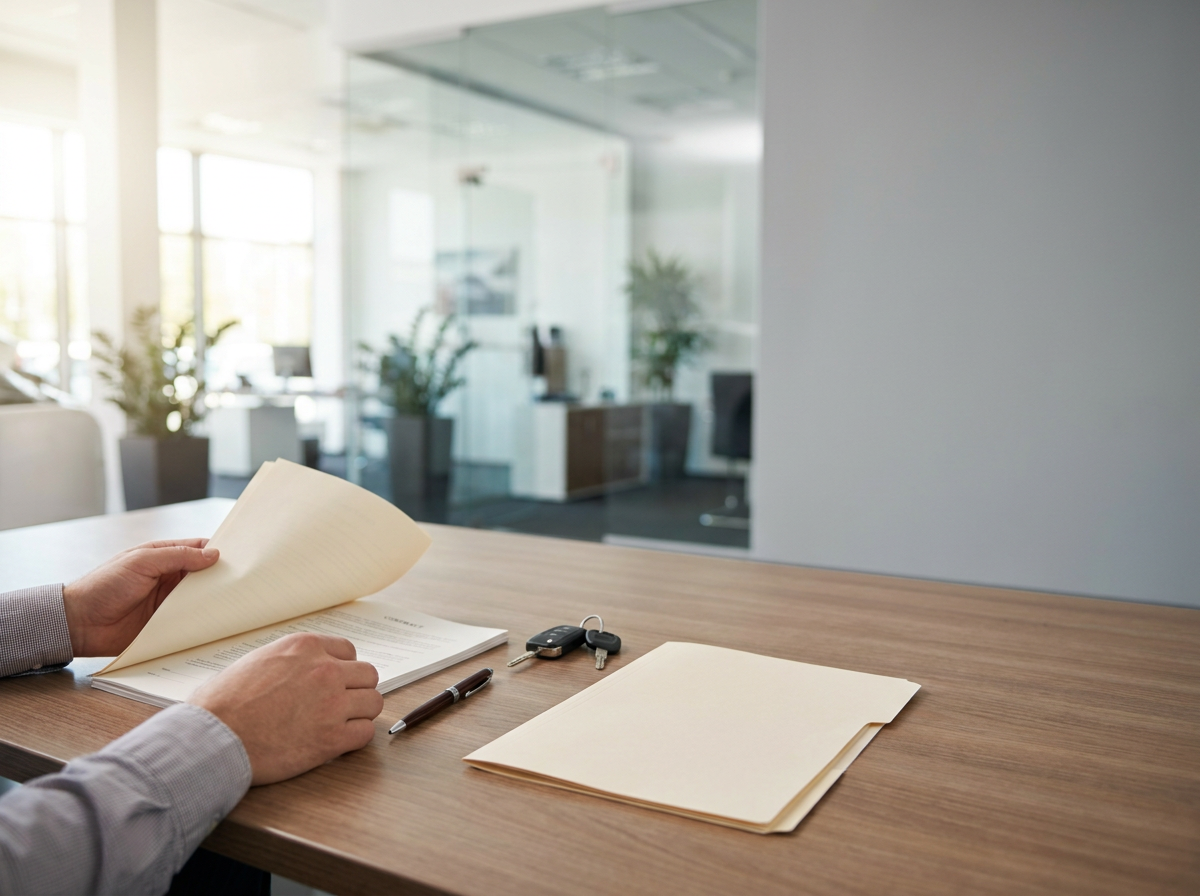 Hands flipping through documents on a wooden desk in a bright office with glass walls and plants in the background.