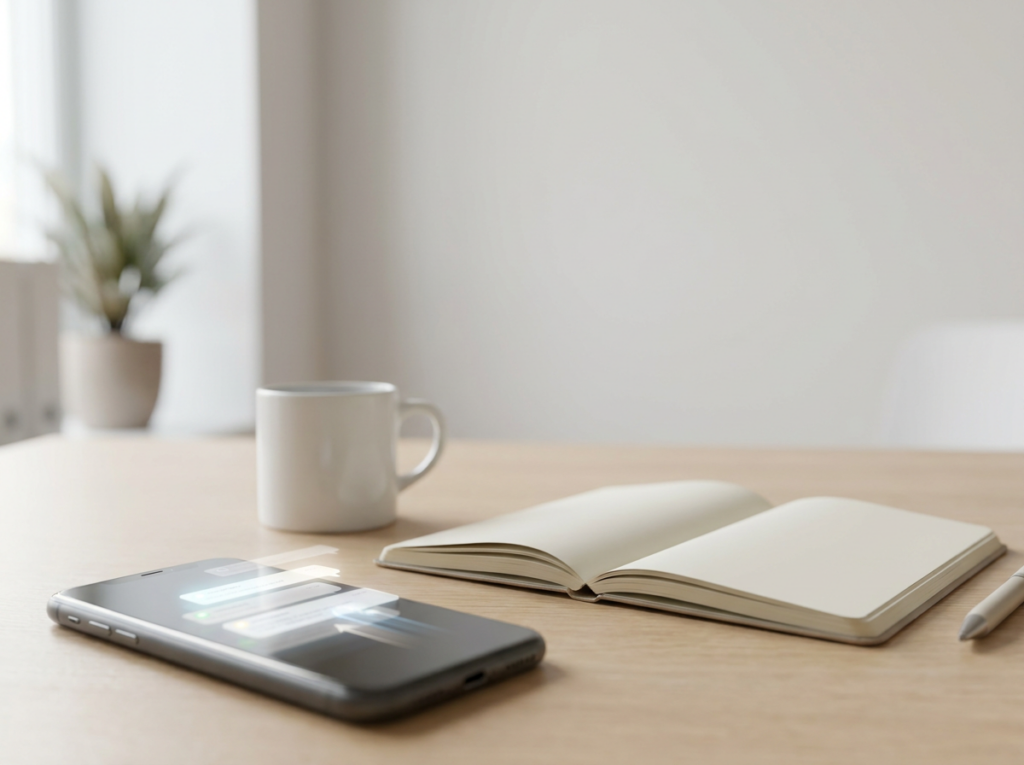 Minimalist workspace: smartphone, open notebook, pen, and a white mug on a wooden desk with a plant in the background.