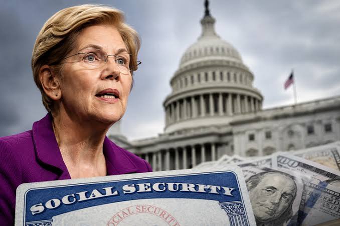 Woman in a purple blazer speaks in front of the U.S. Capitol with a Social Security sign and dollar bills in the foreground, conveying political discussion about Social Security without identifying her.