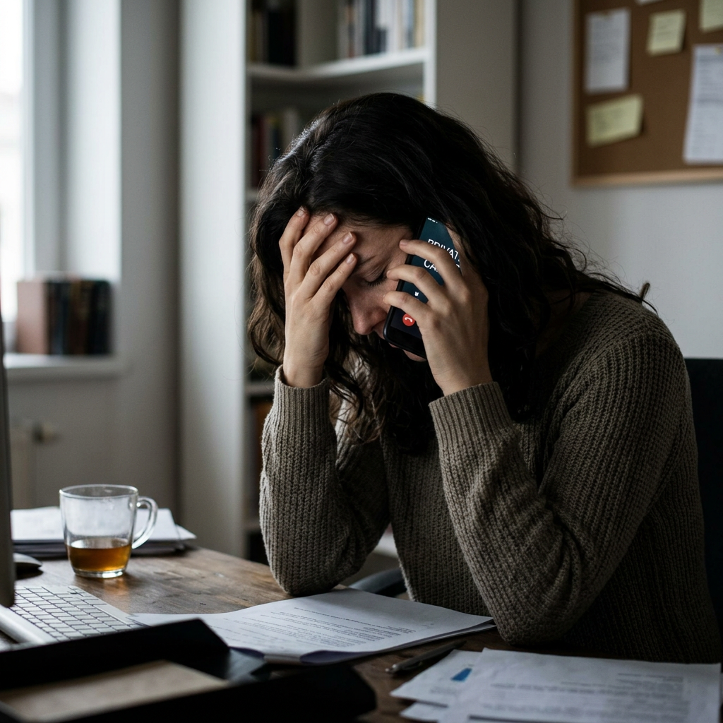 Woman holding phone to ear with stressed expression at cluttered desk