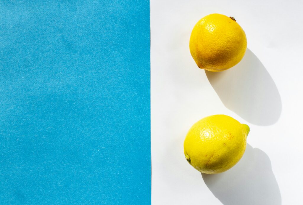 Lemons and white, blue background. 
www.msblifestyle.com