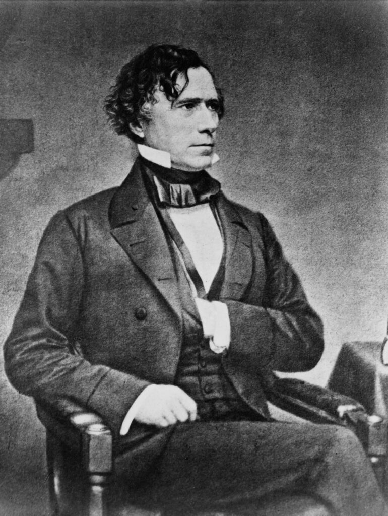 [President Franklin Pierce, three-quarter length portrait, seated, facing right, with left hand inside vest]. Photograph from the Brady-Handy Collection, [between 1855 and 1865, printed later]. Library of Congress Prints & Photographs Division. https://www.loc.gov/resource/cph.3a53287/
