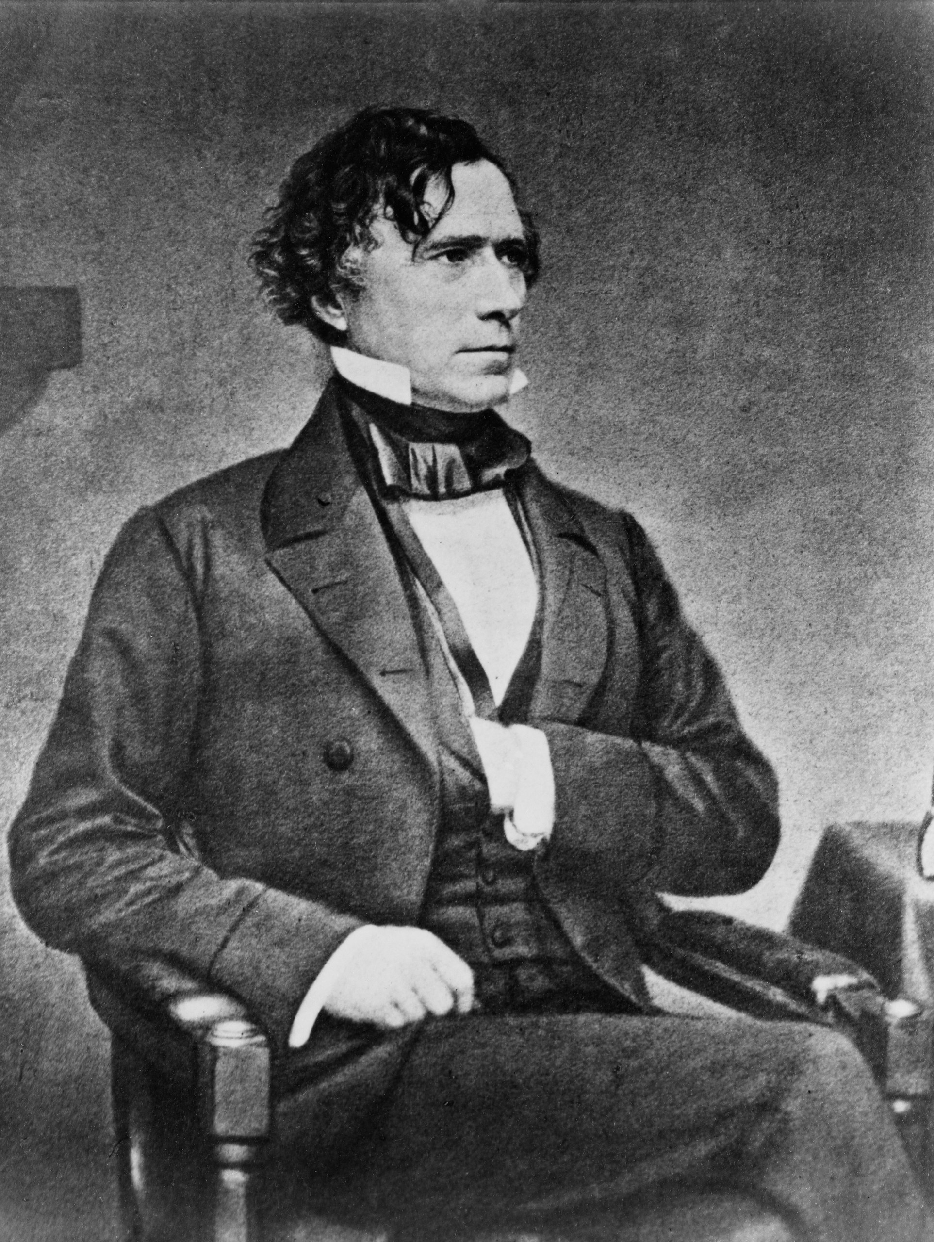 [President Franklin Pierce, three-quarter length portrait, seated, facing right, with left hand inside vest]. Photograph from the Brady-Handy Collection, [between 1855 and 1865, printed later]. Library of Congress Prints & Photographs Division. https://www.loc.gov/resource/cph.3a53287/