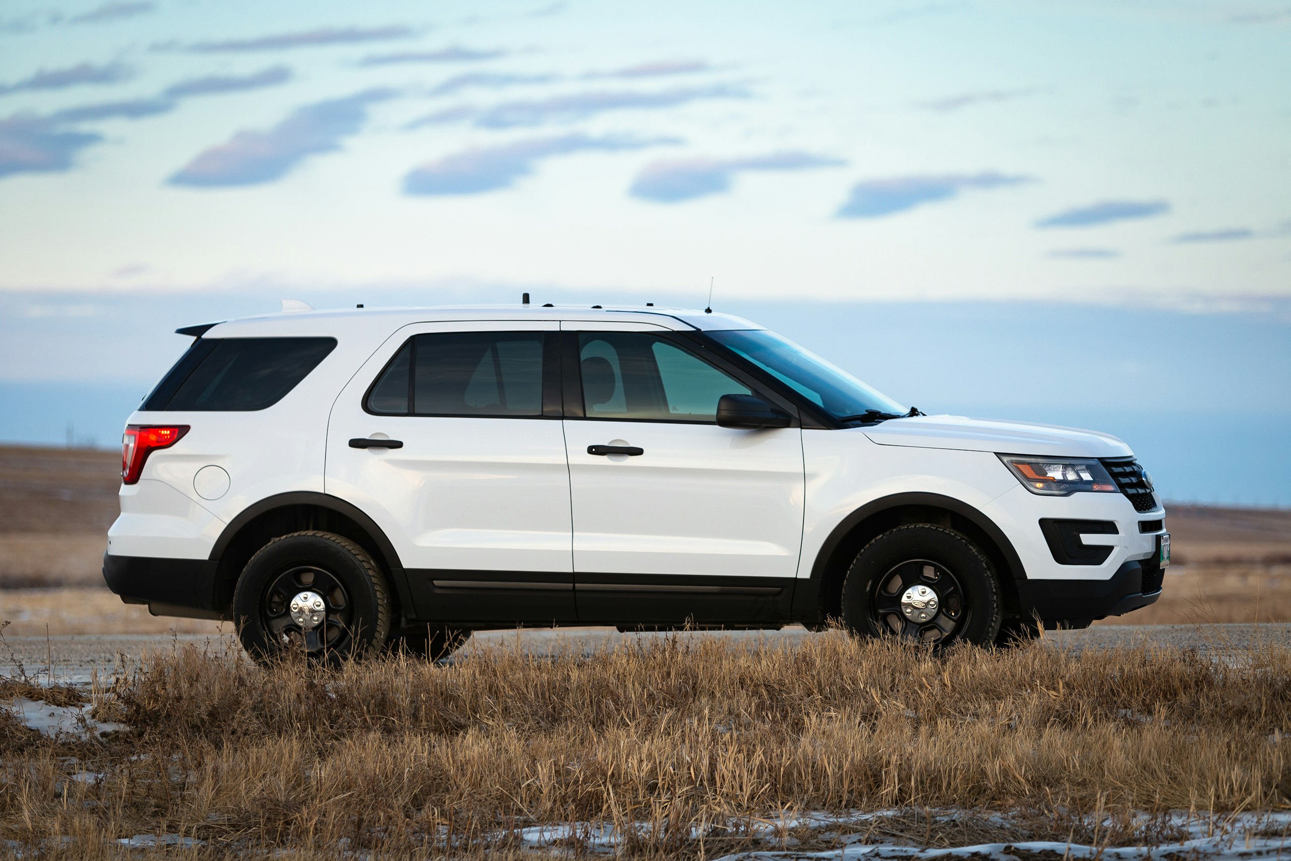 Side view of a white SUV parked on a grassy plain with a blue sky and few clouds.